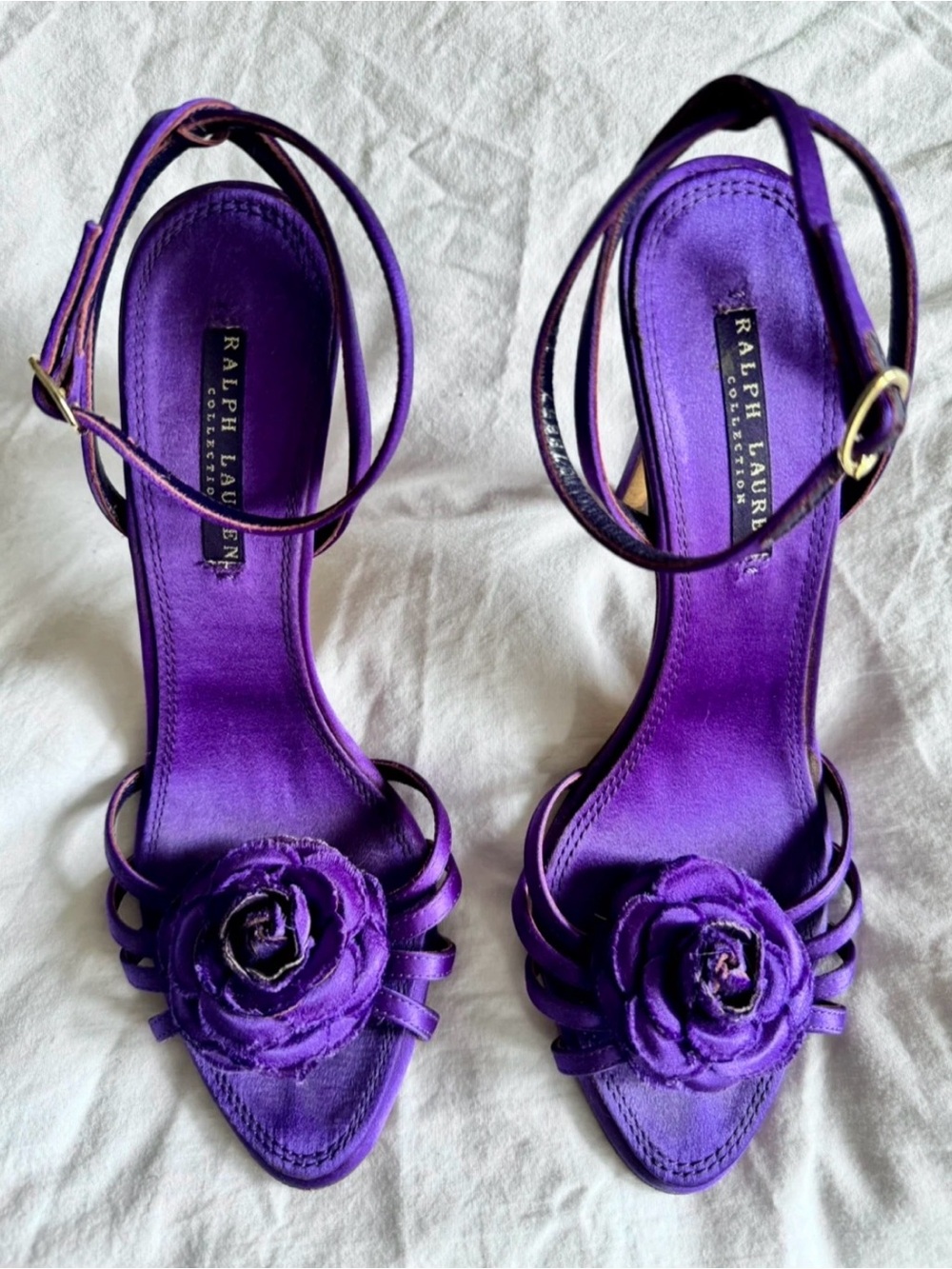 EUC Ralph Lauren Royal Purple Label Satin 4” Heels with Flower, size 7 1/2